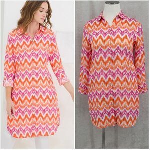 Chico's No Iron Linen Pink Orange Chevron Maxi Shirt Tunic Size 3 Women's Plus